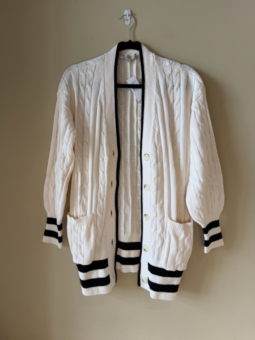 LOFT Cream Button Front Cable Knit Cardigan with Black Trim